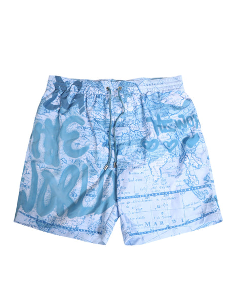 Dolce & Gabbana Blue World Map Polyester Elastic Waistband Swimwear