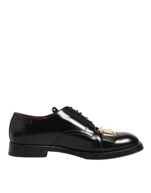 Dolce & Gabbana Black Leather Dress Lace Up Logo Plaque Shoes