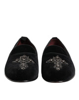 Dolce & Gabbana Black Cross Embellished Slip On Loafers Dress Shoes