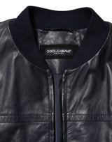 Dolce & Gabbana Blue Leather Full Zip Biker Blouson Jacket