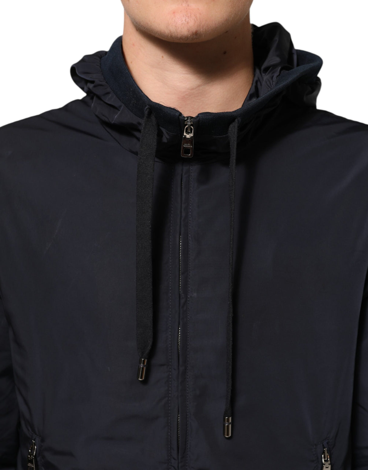 Dolce & Gabbana Blue Logo Tape Hooded Full Zip Bomber Jacket
