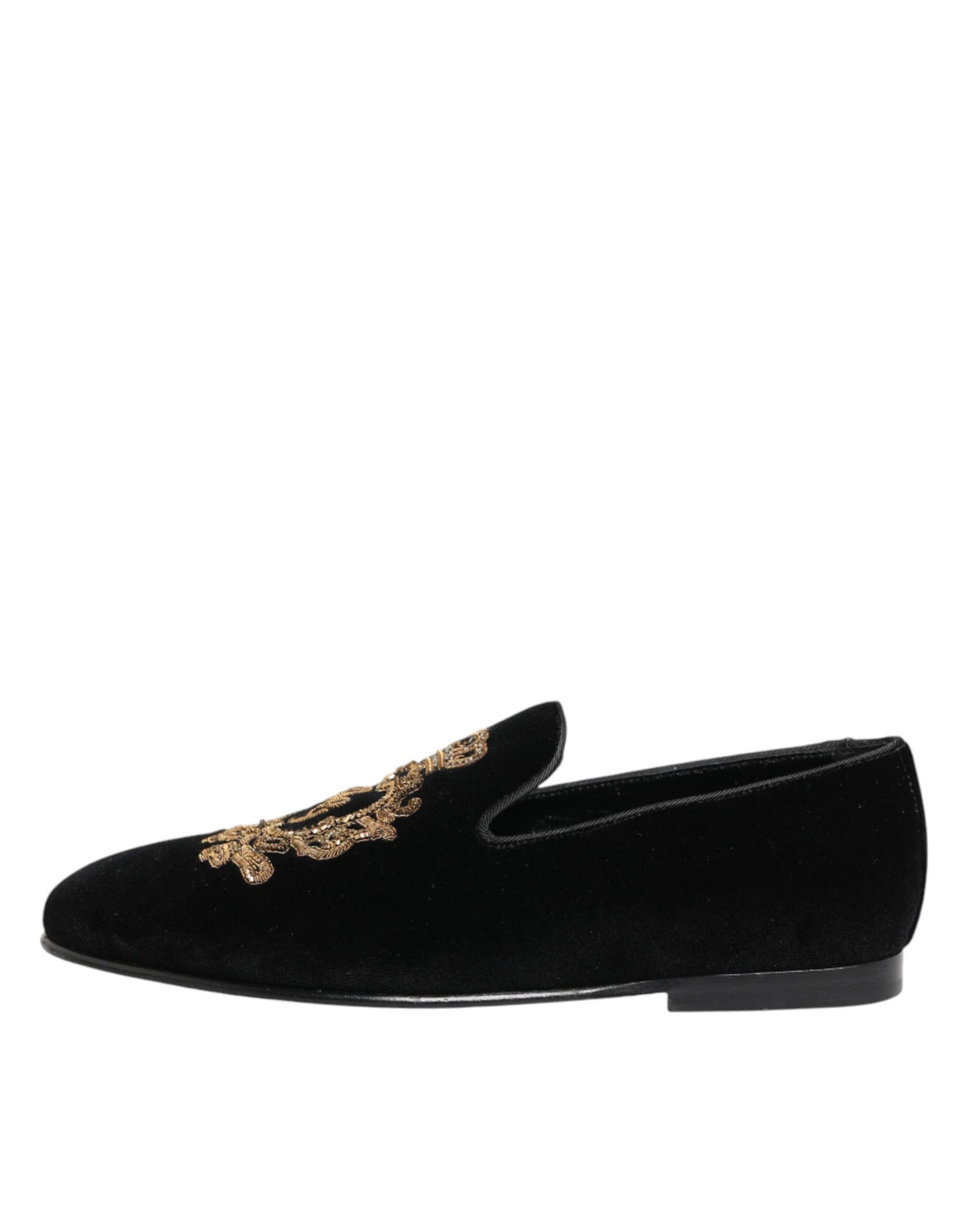 Dolce & Gabbana Black Velvet Gold Crown Mens Loafers Shoes