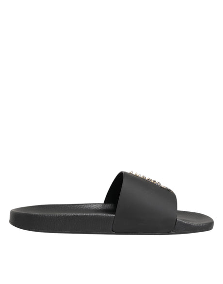 Dolce & Gabbana Black Leather Slides Sandals Beachwear Shoes