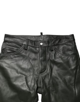 Dsquared² Black Full Grain Leather Mid Waist Trouser Pants