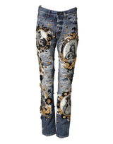 Dolce & Gabbana Blue Ripped Embellished Cotton Denim Jeans