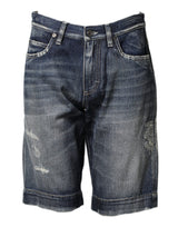 Dolce & Gabbana Blue Cotton Distressed Denim Bermuda Shorts