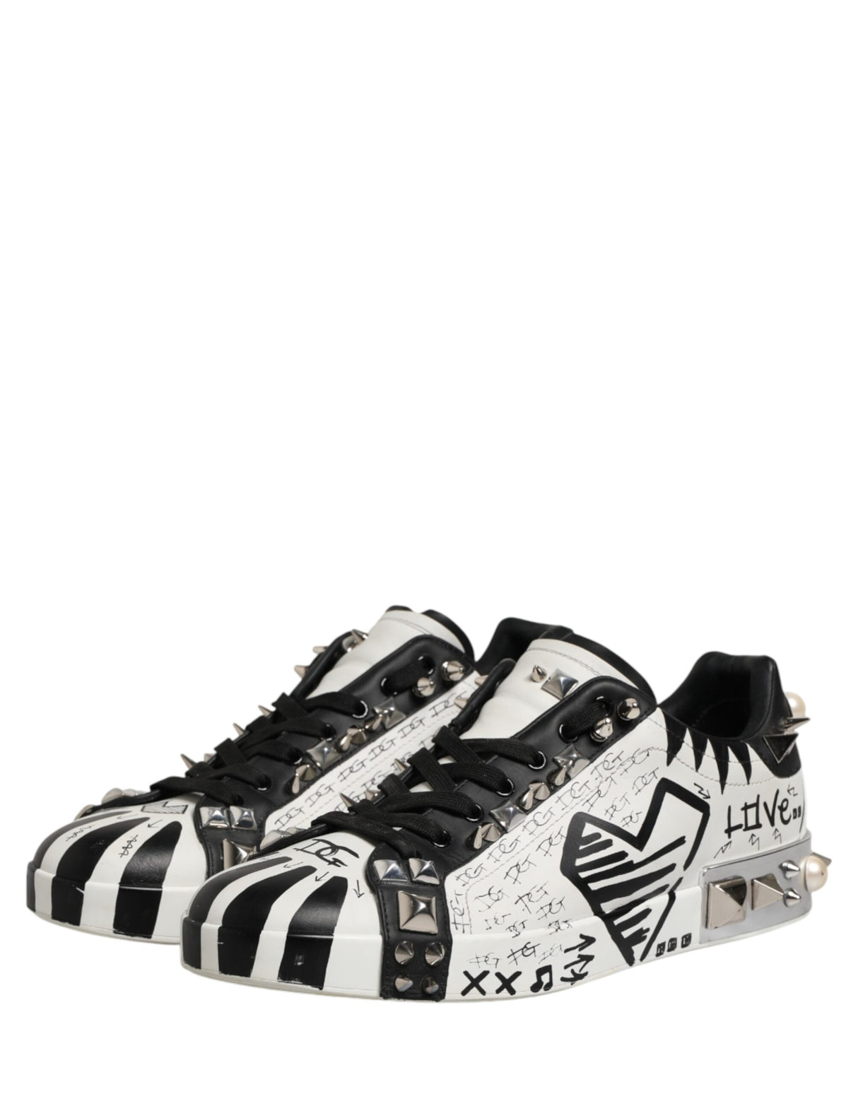 Dolce & Gabbana Black White Studded Low Top Sneakers Shoes