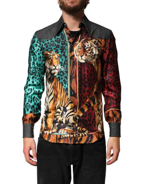 Dolce & Gabbana Multicolor Tiger Leopard Print Silk Men Shirt