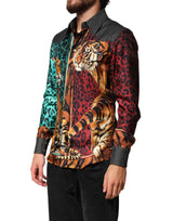 Dolce & Gabbana Multicolor Tiger Leopard Print Silk Men Shirt