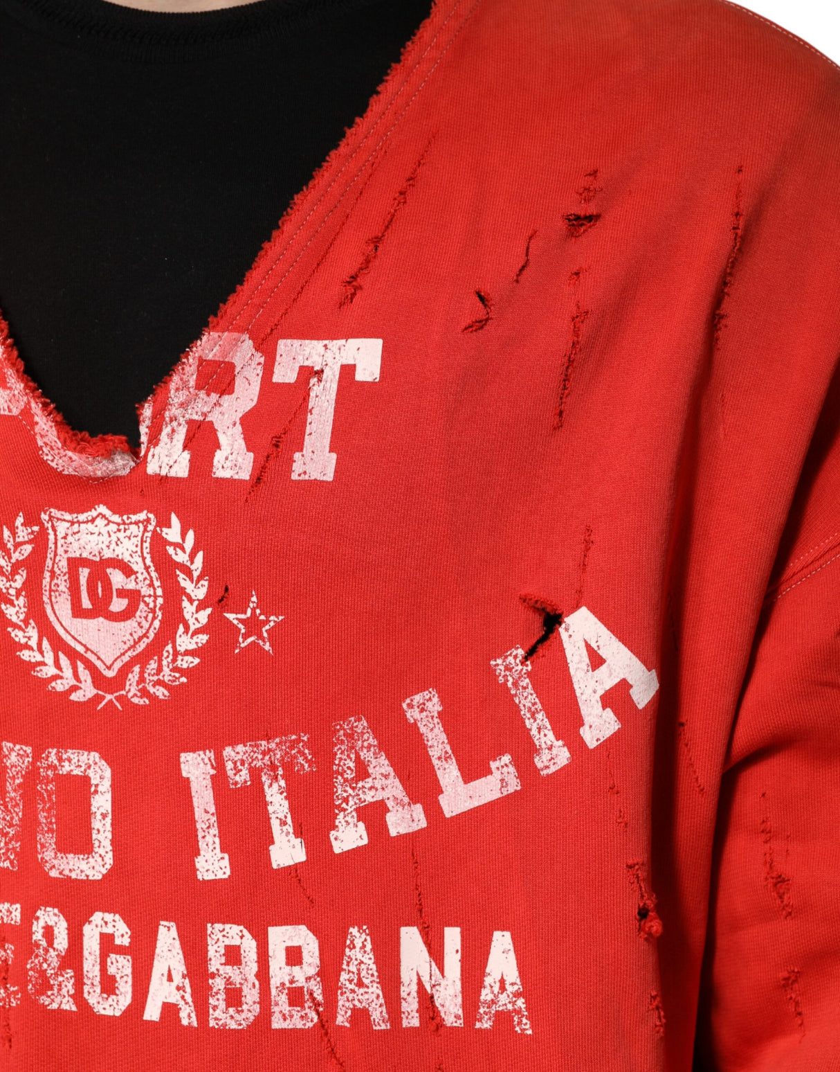 Dolce & Gabbana Red Distressed Cotton V-Neck Sweatshirt Men  Sweater