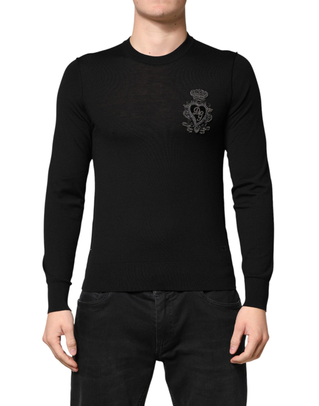 Dolce & Gabbana Black Crest Wool Crew Neck Pullover  Sweater