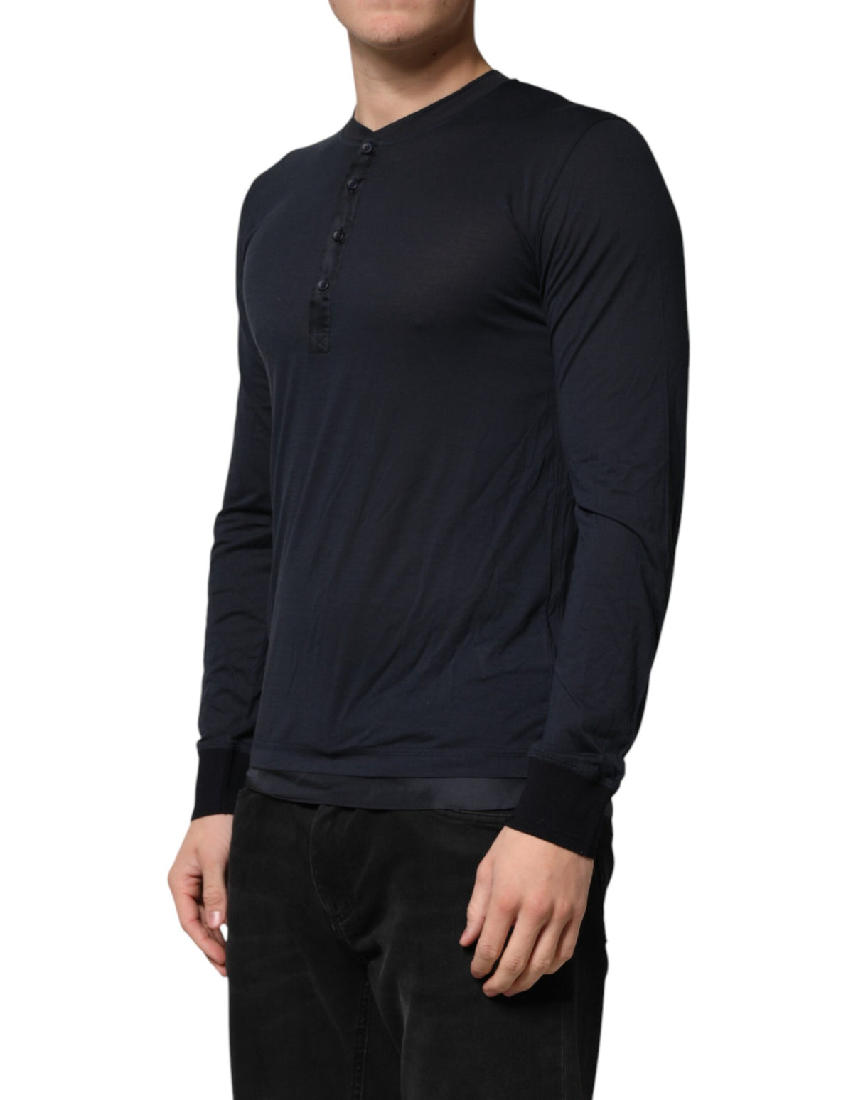Dolce & Gabbana Dark Blue Cotton Henley Long Sleeves T-Shirt