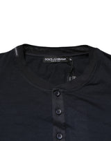Dolce & Gabbana Dark Blue Cotton Henley Long Sleeves T-Shirt