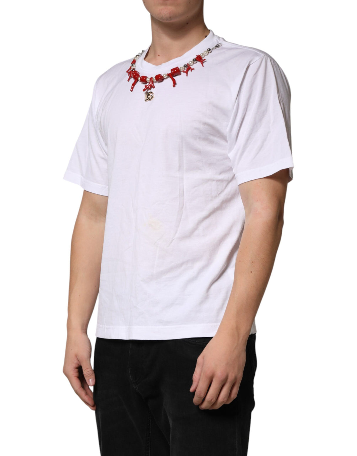 Dolce & Gabbana White Cotton Necklace Embellished T-shirt