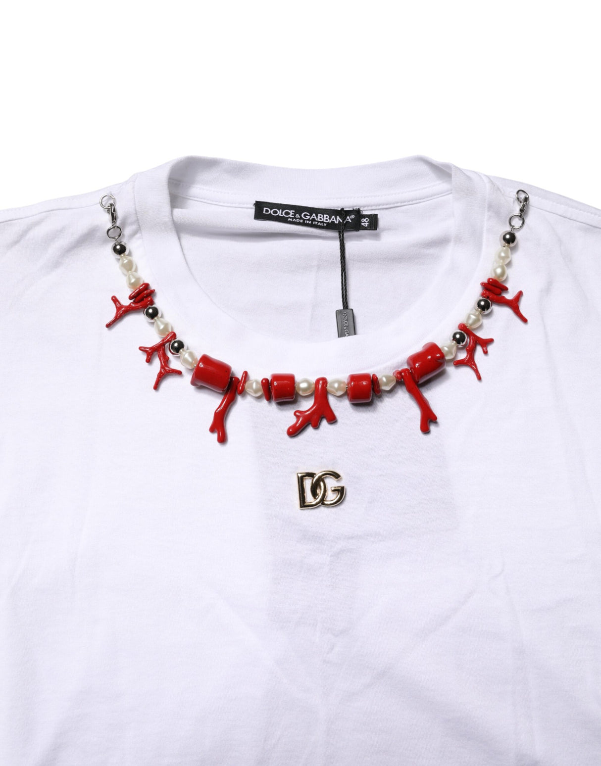 Dolce & Gabbana White Cotton Necklace Embellished T-shirt