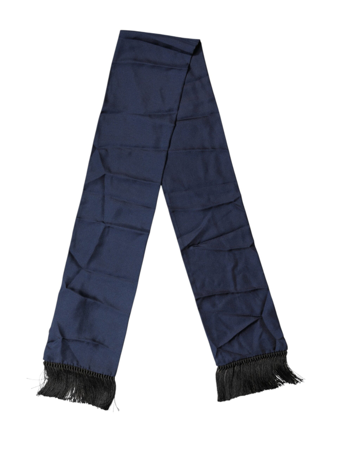 Dolce & Gabbana Navy Blue Silk Fringes Neck Foulard Scarf