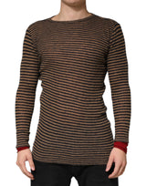 Daniele Alessandrini Brown Black Stripes Wool Crew Neck Pullover Sweater