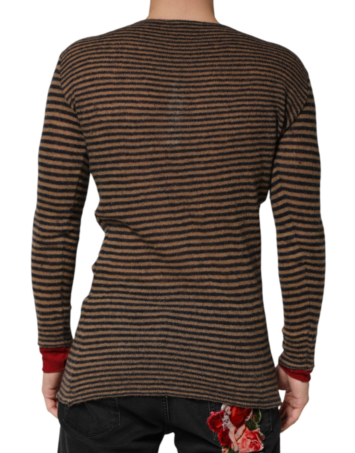 Daniele Alessandrini Brown Black Stripes Wool Crew Neck Pullover Sweater