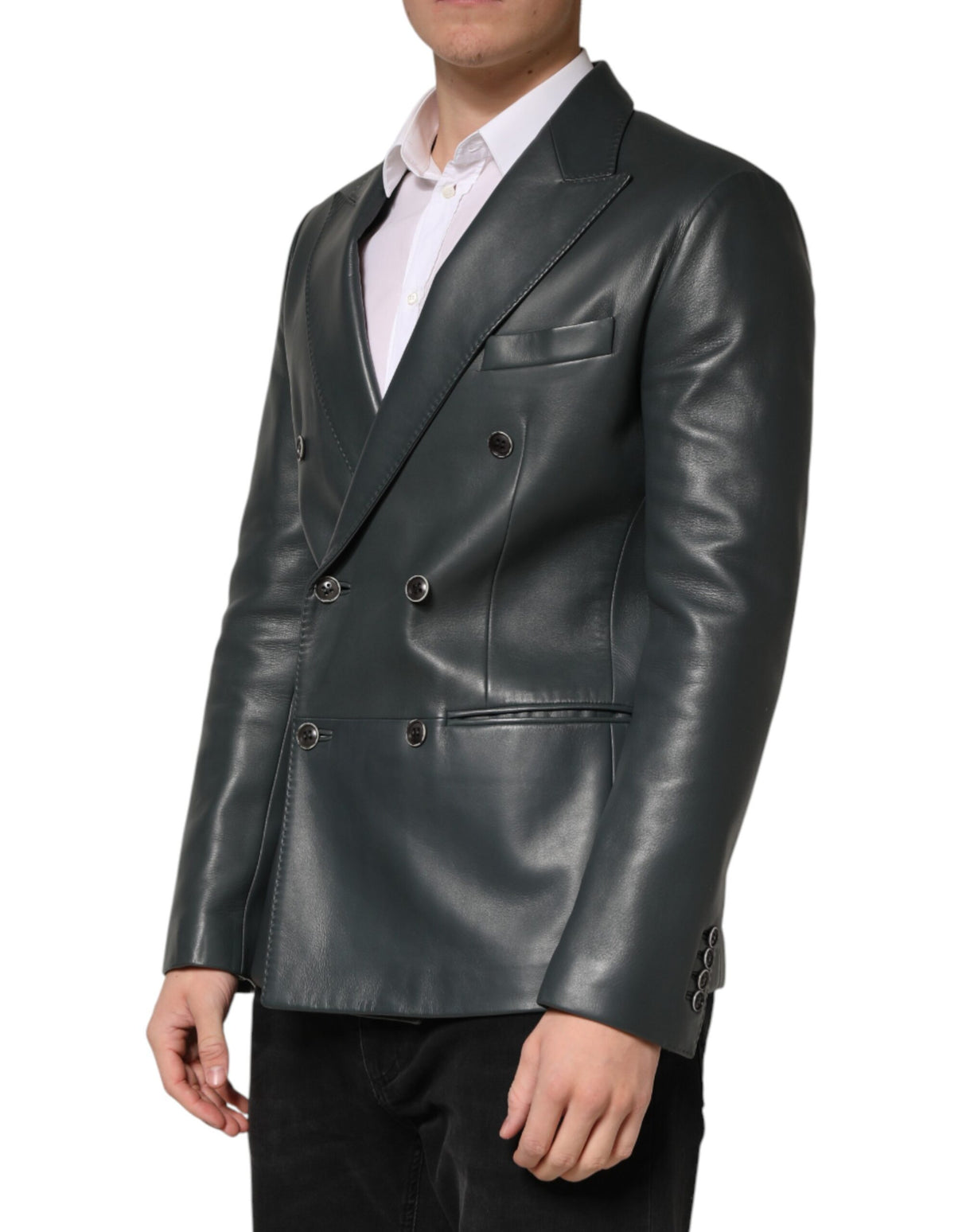 Dolce & Gabbana Black Leather Double Breasted 2Button Blazer