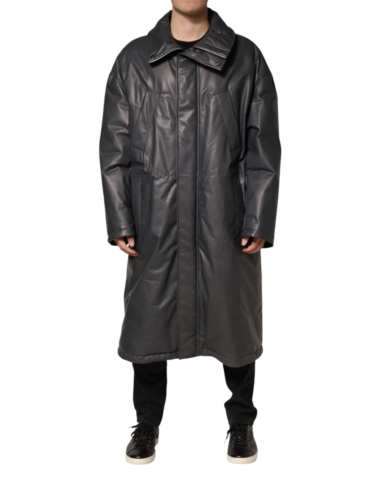 Dolce & Gabbana Black Leather Collared Trench Coat Jacket