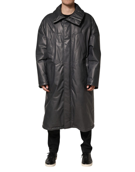 Dolce & Gabbana Black Leather Collared Trench Coat Jacket